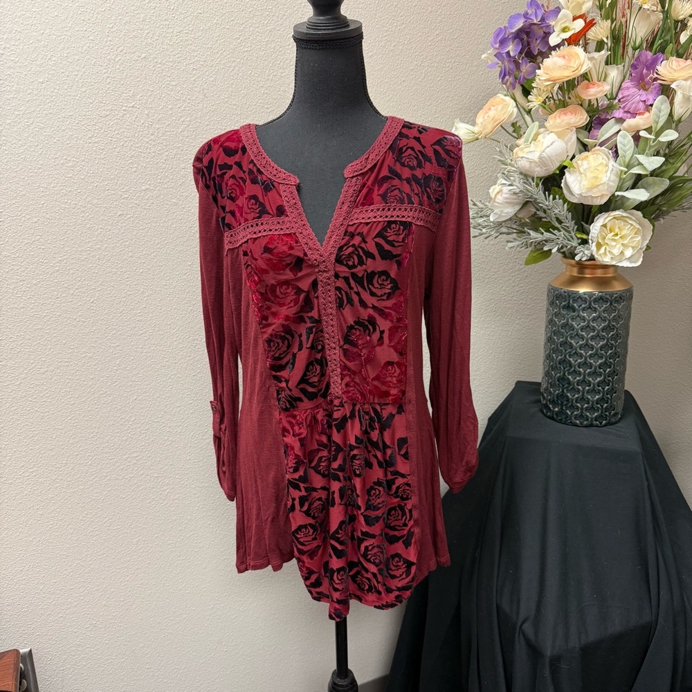 Hannah Burgundy Velvet Burnout Rose Tunic Top L | Boho Fall Holiday Blouse